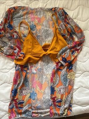 SHEIN Orange Floral Mesh Swim Cover and Mustard Triangle Bikini Top